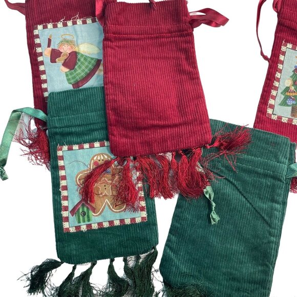 Lot 5 Vintage Corduroy Christmas Gift Bags u 7 x 4 Drawstring Closure Red Green - Picture 2 of 4